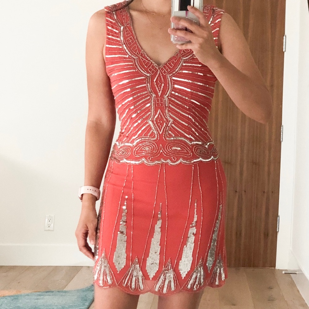 Coral sequin mini dress